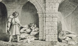 Childebert I (n. 498-588) veljiensä perillisten murhassa, Colartin Histoire de Francesta, julkaistu n. 1840 tekijältä French School