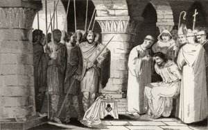 Childeric III (714-51) on syrjäytetty ja suljettu luostariin Colartin "Histoire de France" -kirjasta, julkaistu n. 1840 tekijältä French School