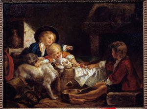 Lapset Kolme pientä lasta ja kaksi koiraa navetassa. Ranskalaisen koulun maalaus. 1700-luvun yksityinen kokoelma tekijältä French School