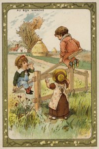 Lapset leikkivät keinulla (chromolitho) tekijältä French School