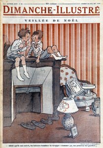 Lapset istuvat savupiipussa, joulupukin ansassa, joulun 1930 sanomalehteä "Le Dimanche illustrious" varten (kaiverrus). tekijältä French School