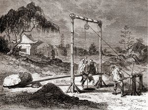 Kiinalaiset työntekijät 1800-luvulla kaivamassa kaivoa suolaveden ottamiseksi, julkaisusta "Les Merveilles de la Science", julkaistu n. 1870 (kaiverrus) tekijältä French School