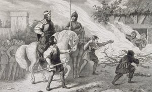 Chlotaire I (497-561) polttaa kapinallisen poikansa ja perheensä Colartin teoksesta "Histoire de France", julkaistu n. 1840 tekijältä French School