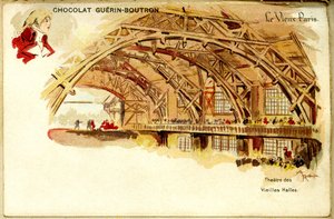 Suklaan kromolitografia Guerin Boutronin suklaat, OLD PARIS, Théâtre des Vieilles halles tekijältä French School