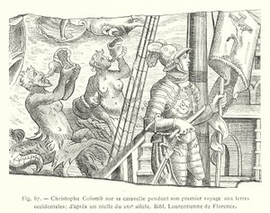 Kristoffer Kolumbus karavellillaan ensimmäisellä länsimatkallaan; niellon jälkeen 1500-luvulta, Bibl Laurentienne de Florence (kaiverrus) tekijältä French School
