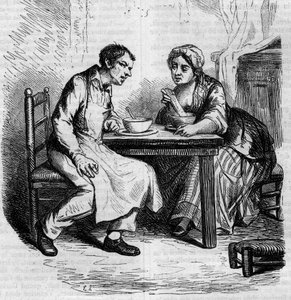 Christophe ja lihava Sylvie: palvelijat syömässä aamiaista. Kaiverrus 1800-luvun puolivälissä. Kuvitus Honore de Balzacin (1799-1850) "Isä Goriot" -sarjaan. tekijältä French School