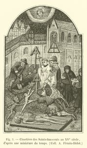 Pyhien viattomien hautausmaa 1400-luvulla, tuon ajan pienoismallista Coll A Firmin-Didot tekijältä French School