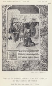 Claude De Seyssel esittelee kuningas Ludvig XII:lle Justinin käännöksen (litho) tekijältä French School