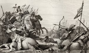 Clodion, The Hairy (n. 428-47) Retreats Across the Bridge Aetiuksen tappion jälkeen, Colartin "Histoire de France" -kirjasta, julkaistu n. 1840 tekijältä French School