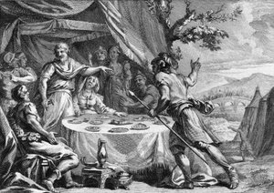 Clodion the Hair (noin 400-448), salilaisten frangien johtaja, saatuaan tietää gallialaisten prefetin kenraali Aetiuksen joukkojen yllätyshyökkäyksestä vuonna 432. Kaiverrus 1700-luvulta. tekijältä French School