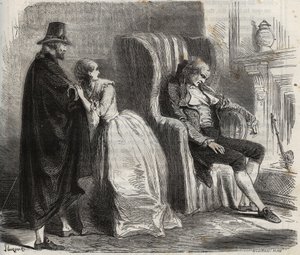 Clotilde Sprengel ja Zacharie Bergmann katsovat saksalaista lääkäriä Petrus Schultzia nukkumassa 1700-luvun edessä. Kaiverrus vuodelta 1871 Henry de Kockin (1819-1892) teokseen "Histoire Des Cocuses Celebres". tekijältä French School