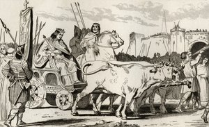 Clovis III (682-95) härän vetämässä vaunussa, Herstalin Pepin II (n. 714) Riding Alongside Him, Colartin Histoire de Francesta, julkaistu n. 1840 tekijältä French School