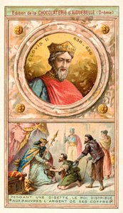 Clovis II jakaa rahaa kassaan köyhille vaikeina aikoina, 7. vuosisadalla (chromolitho) tekijältä French School