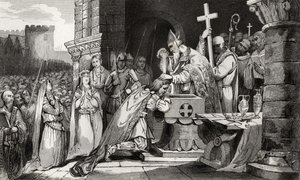 Clovis I (465-511) kastettiin armeijansa miehillä ennen Tolbiacin taistelua, Colartin teoksesta "Histoire de France", julkaistu n. 1840 tekijältä French School