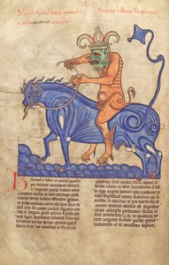 Turska. Guelf. 1 Gud. lat. 41V, Saatana ratsastaa Behemotilla, Liber Floridusista, kirjoittanut Lambert de Saint-Omer n. 1120 tekijältä French School