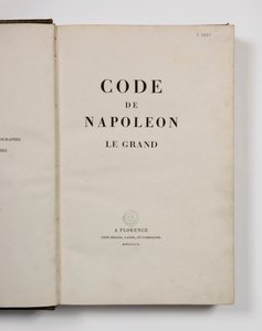 Napoleon Suuren koodi, avattu otsikkosivulla, julkaistu Firenze, Molini, Landi et Cie, 1809 tekijältä French School