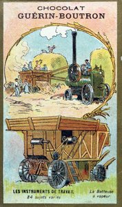 Chocolat Guerin-Boutronin keräilijäkortti, joka kuvaa höyrypuimakonetta