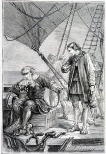 Kolumbus sidottu konnaksi (laivan kannella), sairas. Jules Vernen "" Discovery de la Terre" -toimittaja, toim. Hetzel, n.d. 19. tekijältä French School