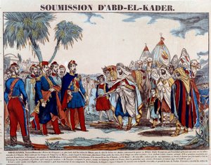 Algerian valloitus (1830-1847): Abd el Kaderin (Abd-el-Kader tai ibn Muhyi al-Din al-Hasani) (1807-1883) alistuminen Aumalen herttualle ja Ranskan armeijalle 24.1. /1848. Kaiverrus 1800-luvun lopun yksityiskokoelmasta tekijältä French School