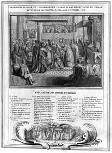 Henri IV:n (1553-1610) vihkiminen ja kruunaus Chartresin katedraalissa 27. tammikuuta 1594, 1500-luvun lopulla tekijältä French School
