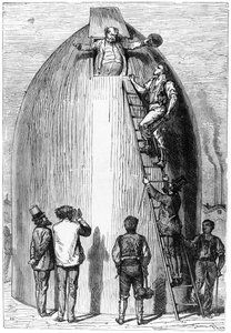 Raketin rakentaminen, kuvitus teoksesta Maasta kuuhun Jules Verne (1828-1905) Paris, Hetzel, julkaistu vuonna 1865 tekijältä French School
