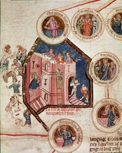 Baabelin tornin rakennustyömaa Babyloniassa Sivu on otettu ranskalaisen koulukunnan käsikirjoituksesta "Genealogy de la Bible". 1300-luvun Cremone, biblioteca governativa. tekijältä French School