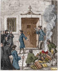 Societe des Jesuites -järjestön tuomio Pariisin parlamentin 6. elokuuta 1762 tekemän päätöksen johdosta. Tuomioistuin määräsi, että teloittaja polttaa yli 24 kirjaa ja jesuiittien valmistamaa kirjaa. Kaiverrus 1800-luvulta. tekijältä French School