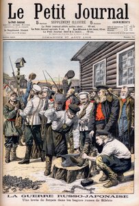 Siperian vankeja asetellaan taistelemaan Venäjän ja Japanin sotaan. Venäjän-Japanin sota. Forkattien nousu Siperian venäläisissä bagnesissa. Kuvitus Le petit Journaliin, 27. elokuuta 1905. tekijältä French School