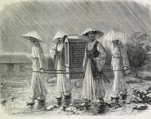 Coreens pukeutuu palanquiniin (coreensin sadepuku), jossa on tuoli. Kuvitus on peräisin entisen laivastoupseerin H. Zuberin "Korearetki" (1866) - julkaisusta "Tour du Monde". tekijältä French School