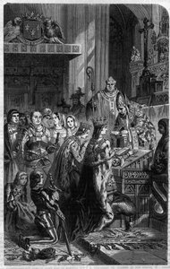 Keisari Otton I:n (912-973) kruunaus paavi Johannes XII:n toimesta vuonna 962 Maurice Lachatren kaiverrus "Histoire des Papes-King-Queen-and-Empereurs a travers les centuries" tekijältä French School