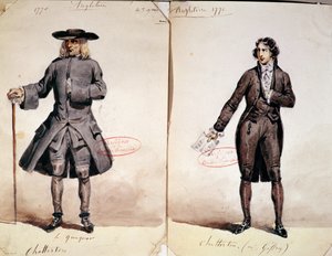Pukusuunnittelu Alfred de Vignyn (1791-1863) Chattertonin ensimmäiseen tuotantoon: Quaker ja Geffroy Chattertonina, 1835 (wc paperilla) tekijältä French School