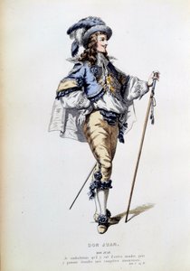 Puku Don Juanin hahmolle Jean Baptiste Poquelin dit Molieren (1622-1673) homonyymisen teoksen I näytöksen 2. kohtauksessa. Kaiverrus 1800-luvun Pariisista, Comedie francaise tekijältä French School