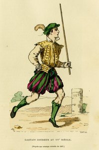 Lajijuoksijan puku 1400-luvulla, juoksemisesta vaunujen edessä vapauttamaan tietä ja ilmoittamaan aatelisen tai herran matkasta. Värikaiverrus, teoksessa "France et les francais a travers les centuries", kirjoittanut Augustin Challamel, F. Roy toim. tekijältä French School