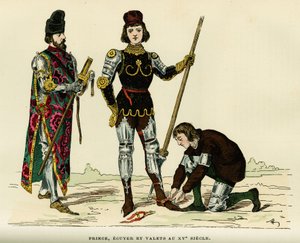 Prinssin, hänen ecunsa ja palvelijansa puvut 1400-luvulla. Värikaiverrus, teoksessa "France et les francais a travers les centuries" Augustin Challamel, F.Royn toimittaja, Paris 1882. Selva Collection. tekijältä French School
