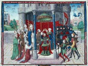 Kreivi Jean de Brienne, miniatyyri teoksesta "Les chroniques de Jherusalem abregies", noin 1450 (tempera pergamentilla). tekijältä French School