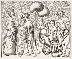Court of Love in Provence, 1300-luvun käsikirjoituksen jälkeen, Paul Lacroixin (1806-84) Le Moyen Age et La Renaissance -julkaisusta, julkaistu 1847 tekijältä French School