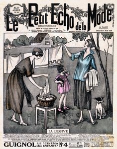 Sanomalehden "" Le petit echo de la mode "" kansilehti pesuaine - kaksi naista tytön ja koiran kanssa levittivät kuivumaan asetetut liinavaatteet langalle ulkona, nro 32 8.8. tekijältä French School