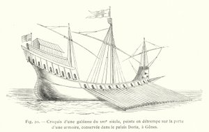 Luonnos 1500-luvun keittiöstä, temperamaalaus kaapin ovessa, säilytetty Dorian palatsissa, Genovassa (kaiverrus) tekijältä French School