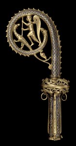 Crozier-pää, joka kuvaa St. Michaelia voittamassa lohikäärmettä, Limoges, n. 1220–1230 (kupari, champleve, emali ja kullattu)