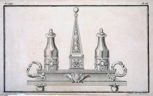 Cruet-setti jalustalle Duhamelin koonnutta uusklassista metallityötä sisältävästä mallikirjasta, n. 1770-80-luvut tekijältä French School