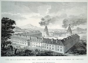 Kuningatar Marie Antoinetten kristallitöitä Creusotissa lähellä Moncenisia Burgundiassa. Kaiverrus vuodelta 1787. Le Creusot, Ecomusee tekijältä French School