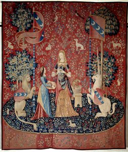 Lady to the Unicorn (Lady to the Unicorn) verho: hajuverho. Nuori nainen, jolla on neilikkakruunu, jota ympäröivät leijona, yksisarvinen, apina, kanit. Villa- ja silkkikudos valmistettu vuosina 1484-1500. Chateau de Boussacista, Cr tekijältä French School