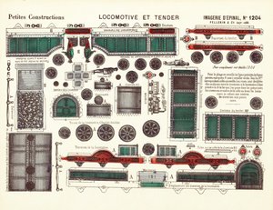 Leikatut mallit höyryveturille ja tarjolle, n. 1880 (väri litho) tekijältä French School