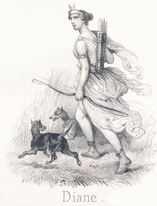 D Diana: Apollon kaksoissisar Taivaassa hän oli Phebe tai Kuu, jonka tehtävänä oli valaista maata Helvetissä, hän oli Hekate ja hallitsi sielujen tuomioita Maan päällä hän oli Diana, metsästyksen jumalatar. tekijältä French School