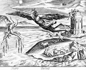 Daedalus pakenee Kreetalta poikansa Ikaruksen kanssa, näkee tämän putoavan kuoliaaksi, 1619 tekijältä French School