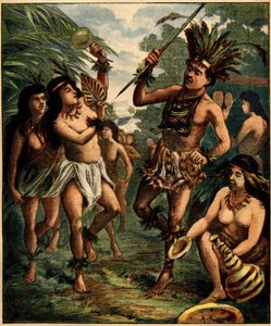 Roucouyan-intiaanien tanssi Karibialla. Kaiverrus "" La Terre Illustree" -julkaisussa nro 77, 21. huhtikuuta 1892. tekijältä French School