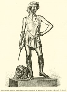David valloittaa Goljatin, Andrea Verocchion pronssinen patsas Firenzen kansallismuseossa (kaiverrus) tekijältä French School