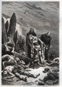 Kuningas Harold II:n (1022-1066) kuolema Hastingsin taistelussa vuonna 1066 - Edith Swannesha (Swanneck), joka tunnetaan nimellä Edith la Juste (1025-1086), löytää aviomiehensä Ealdgythin (Edith the Fair tai Edith Swanneschal) ruumiin , löytää Harold Godwi tekijältä French School