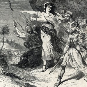 Debora johdattaa Jabinin, Kanaanin kuninkaan, sortamaa Israelin kansaa taistelemaan. Kaiverrus "Pyhästä historiasta", Lahure 1800-luvun yksityiskokoelmasta tekijältä French School