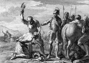 Syagriuksen katkaisu, 486: Rooman kenraali Siagriuksen (430-486) teloitus, jonka Clovis 1:n joukot voittivat Soissonsin taistelussa. Kaiverrus 1700-luvulta. tekijältä French School